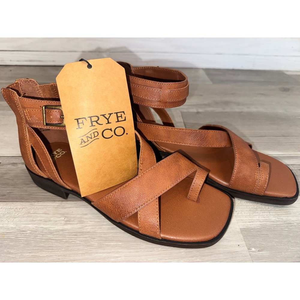 Frye and Co Tallu Sandals Women Cognac Brown Toe Loop Ankle Strap 7.5M - Picture 3 of 7